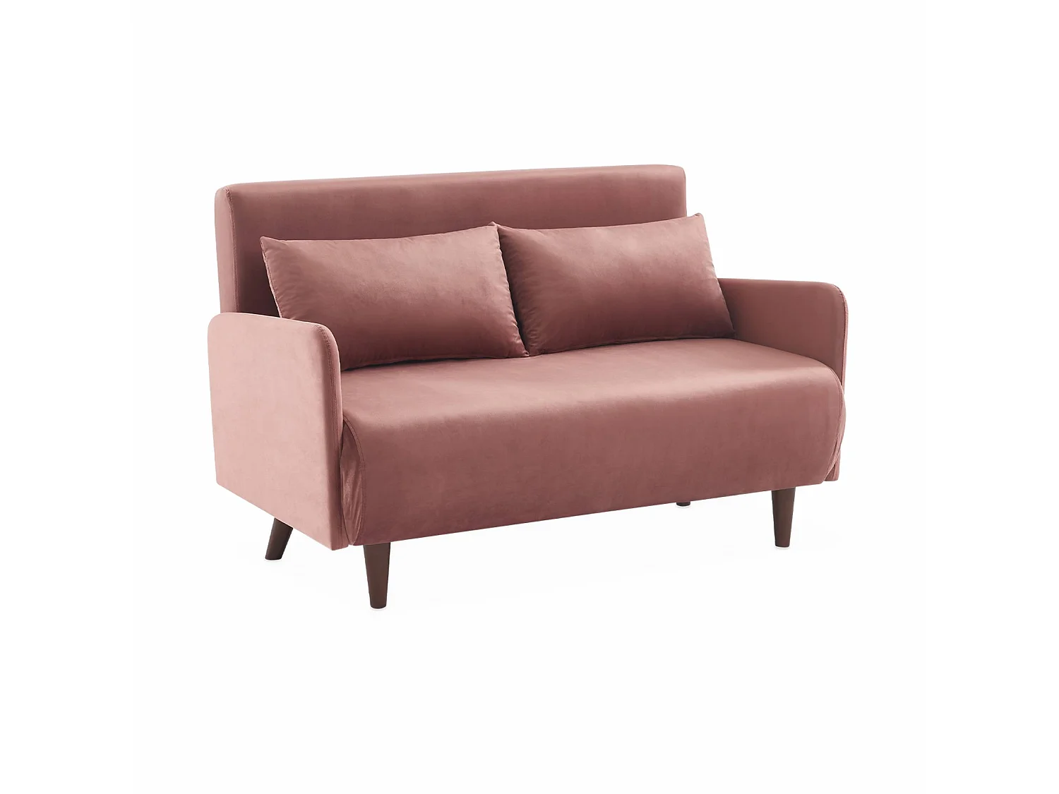Divano letto in velluto con gambe in legno, 2 posti, rosa antico