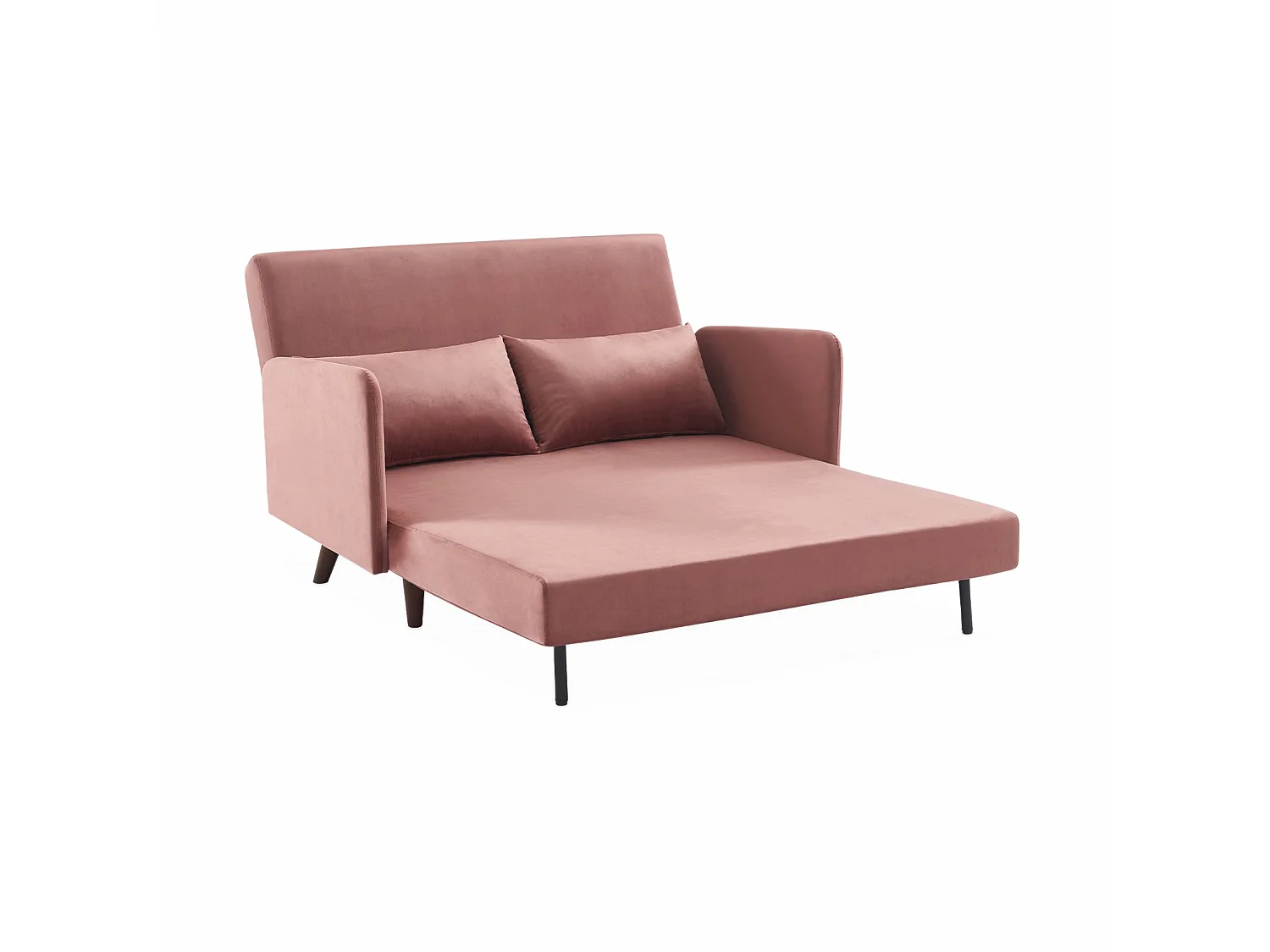 Divano letto in velluto con gambe in legno, 2 posti, rosa antico