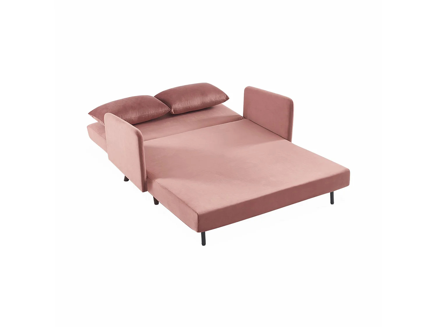Divano letto in velluto con gambe in legno, 2 posti, rosa antico