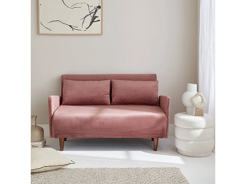 Canapé convertible en velours - Panam - 2 places scandinave. pieds bois foncé. vieux rose. banquette. dossier inclinable