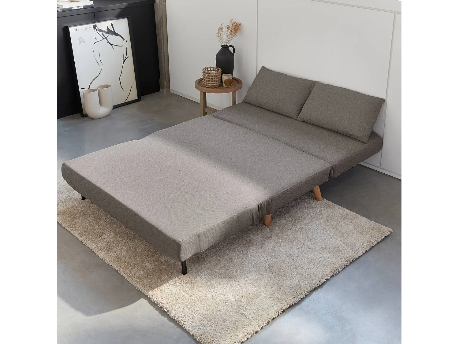 Divano letto a 2 posti in tessuto, gambe in legno, grigio chiaro