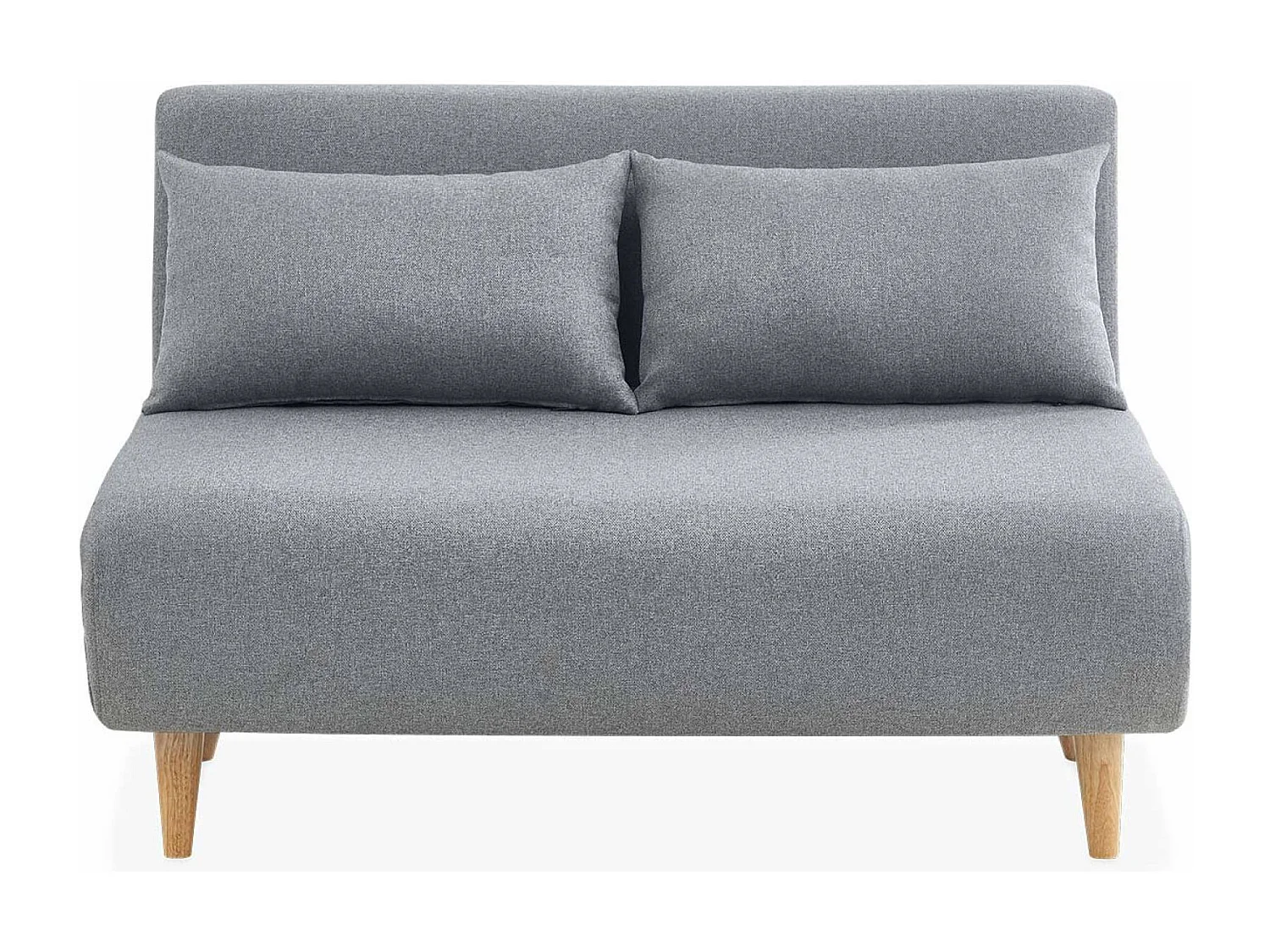 Divano letto a 2 posti in tessuto, gambe in legno, grigio chiaro