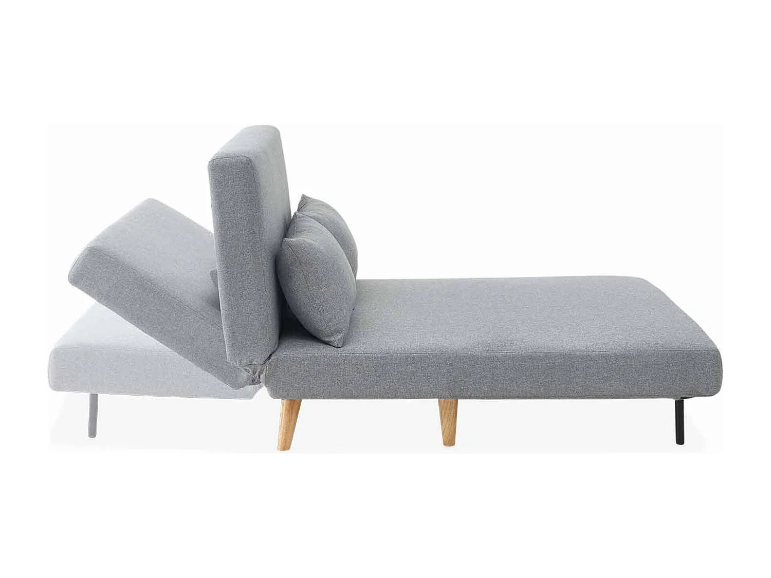 Divano letto a 2 posti in tessuto, gambe in legno, grigio chiaro