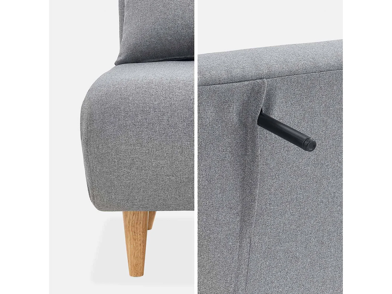 Divano letto a 2 posti in tessuto, gambe in legno, grigio chiaro