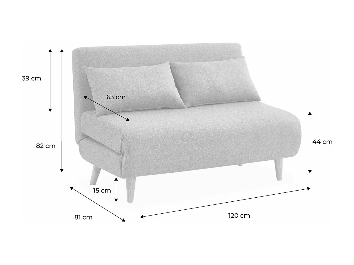 Canapé convertible en tissu - Guesta - 2 places scandinave. pieds bois foncé. gris clair. banquette. dossier inclinable