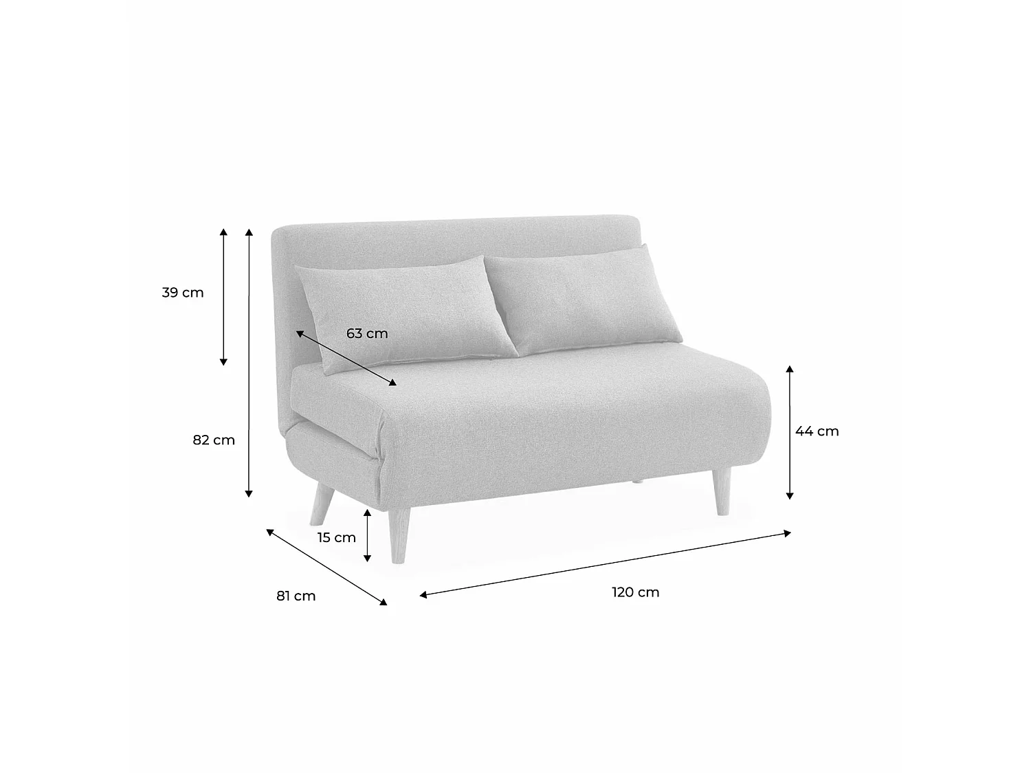 Canapé convertible 2 places inclinable en tissu gris clair