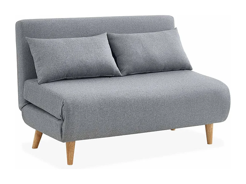 Divano letto a 2 posti in tessuto, gambe in legno, grigio chiaro