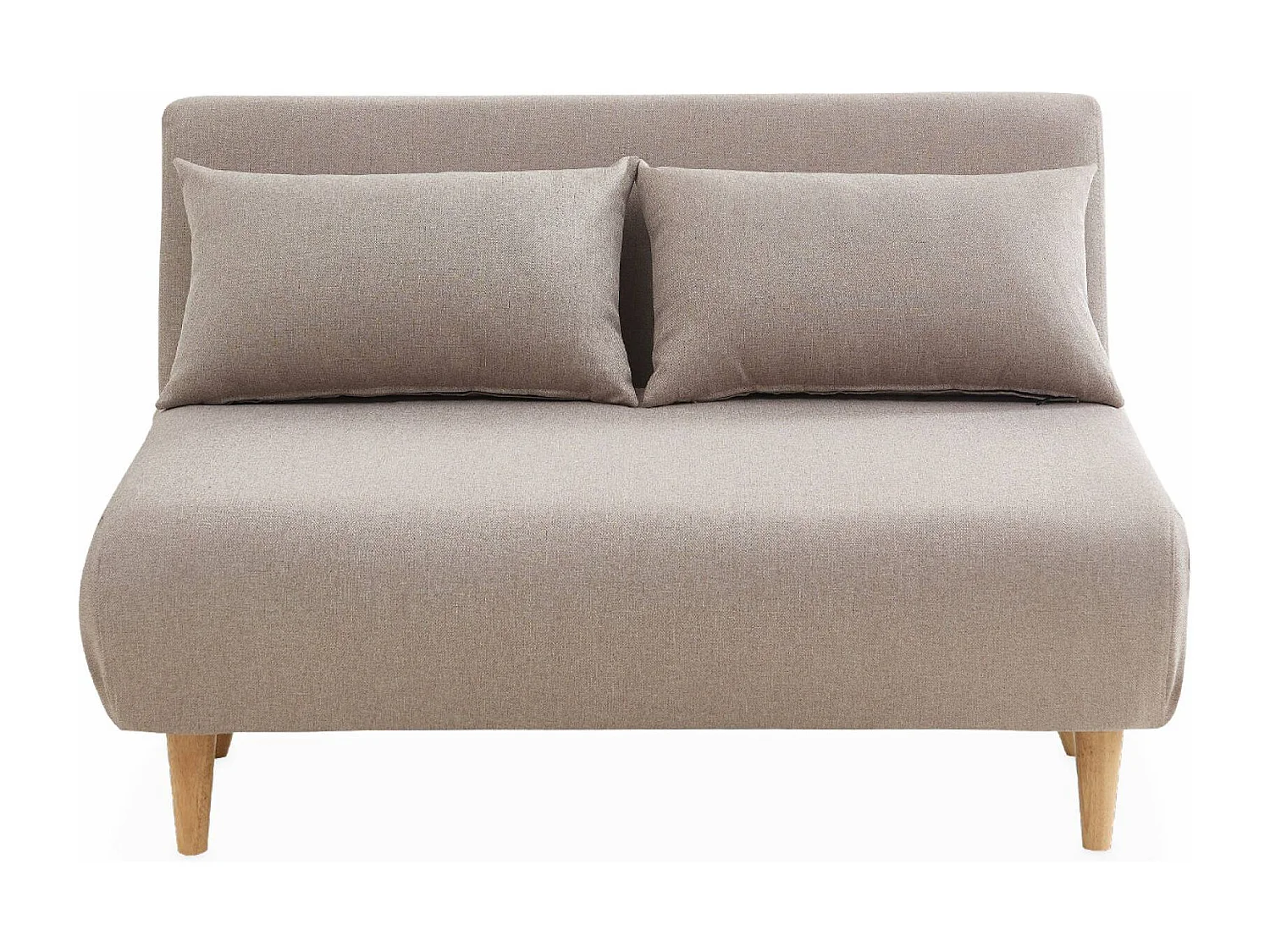 Divano letto a 2 posti in tessuto, gambe in legno, beige