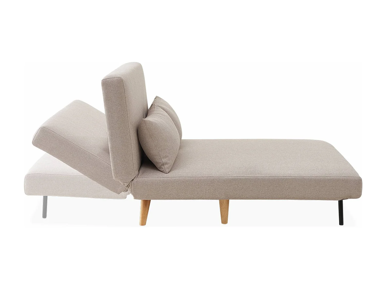 Divano letto a 2 posti in tessuto, gambe in legno, beige
