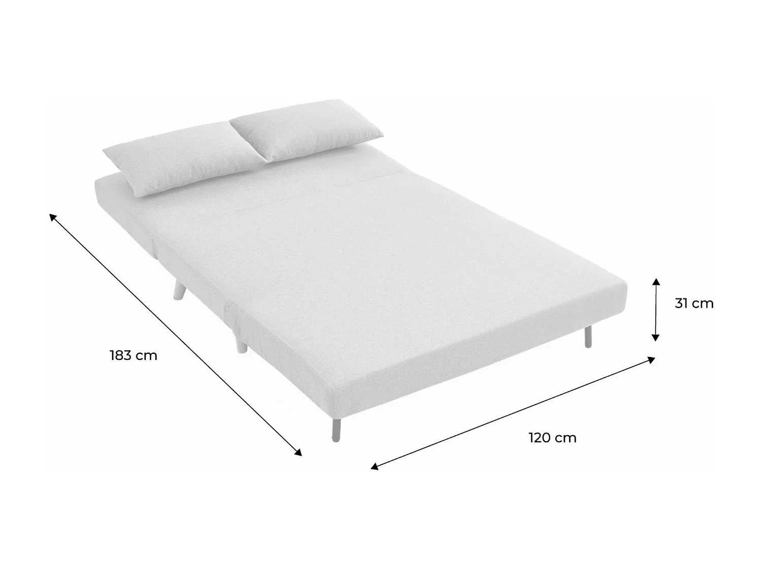 Divano letto a 2 posti in tessuto, gambe in legno, beige