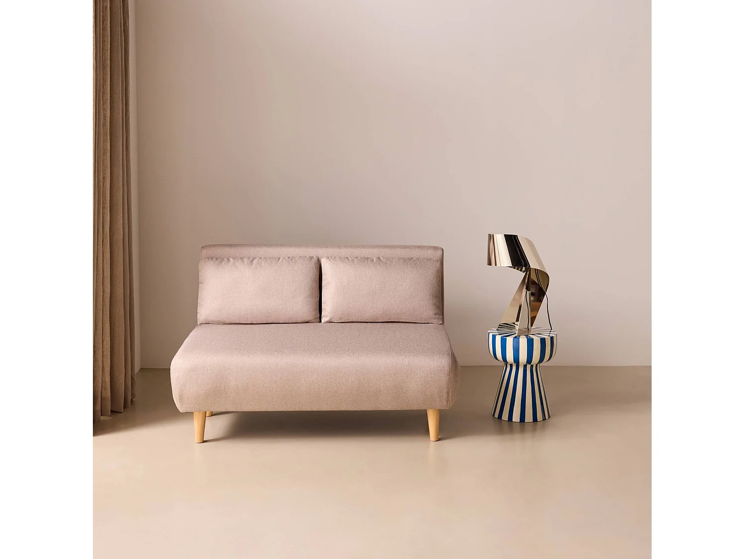 Divano letto in tessuto con gambe in legno, 2 posti, beige