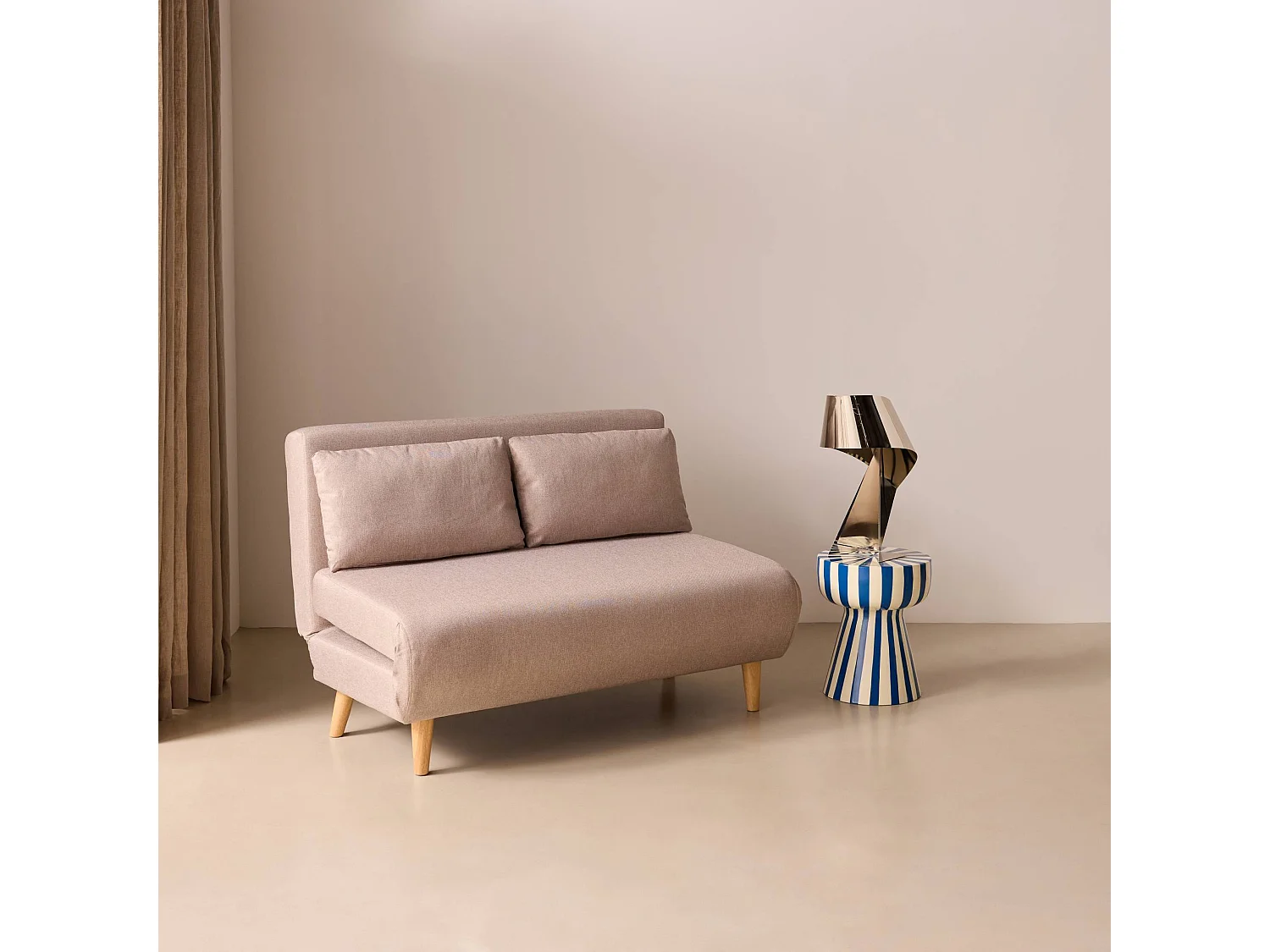 Divano letto in tessuto con gambe in legno, 2 posti, beige