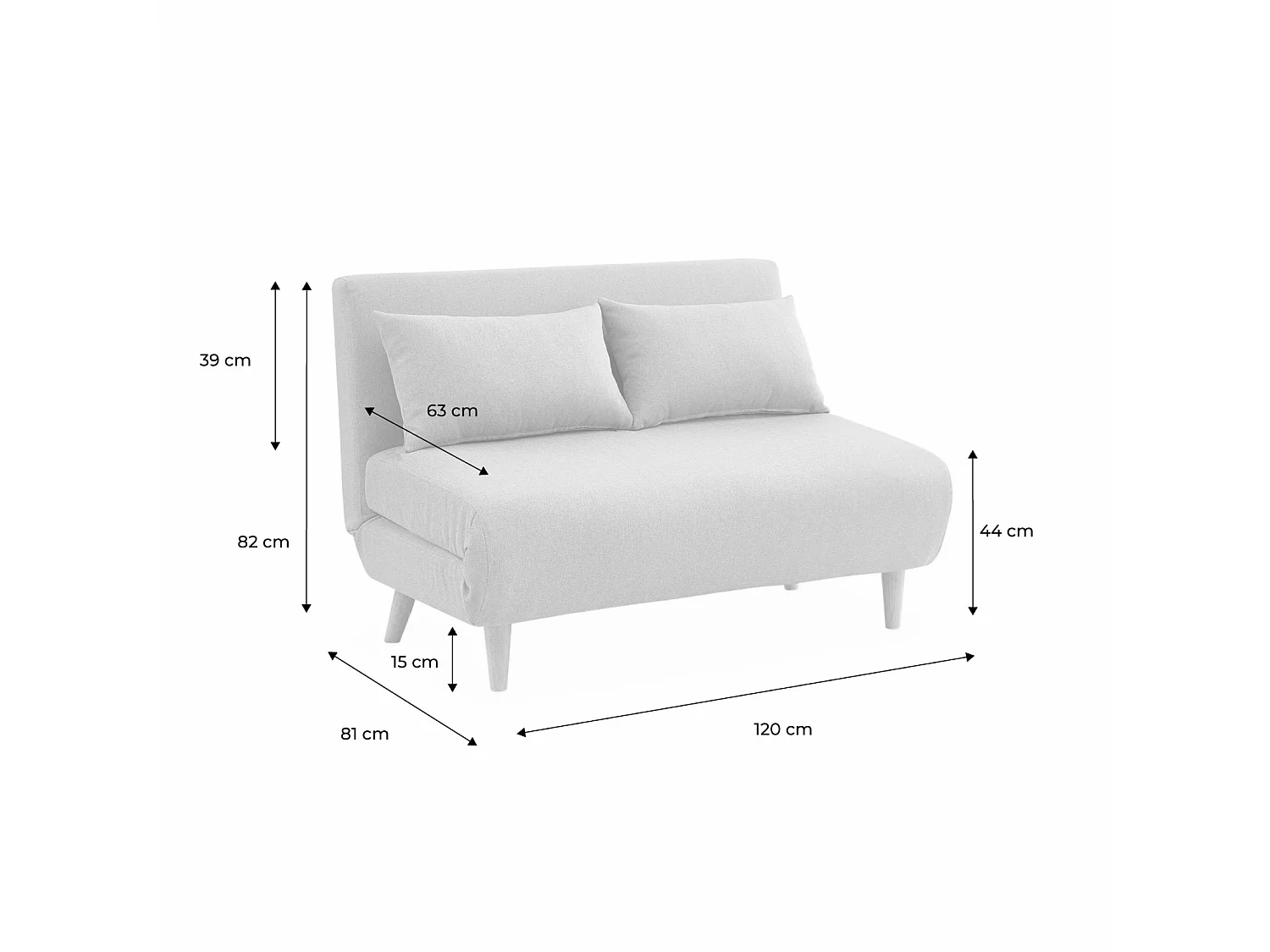 Divano letto in tessuto con gambe in legno, 2 posti, beige