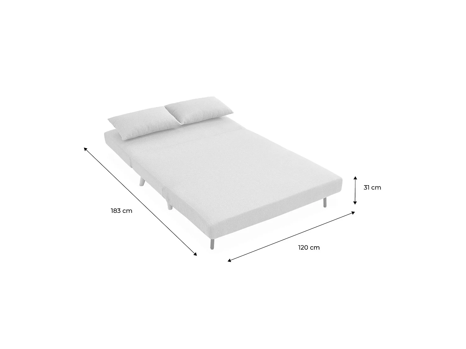 Divano letto in tessuto con gambe in legno, 2 posti, beige