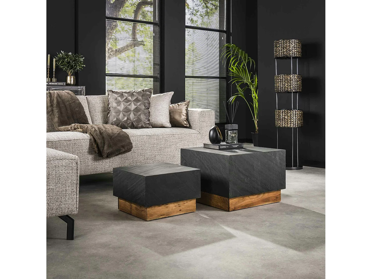 Table basse design en ardoise et bois d'acacia (2 pièces) NOVA