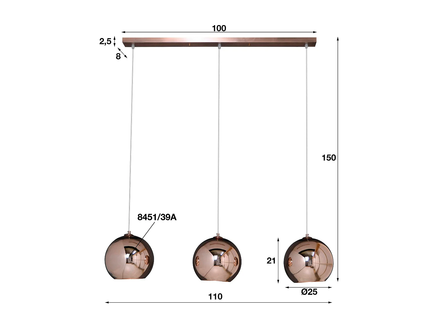 Suspension boule 3 lampes en verre cuivré JAVA