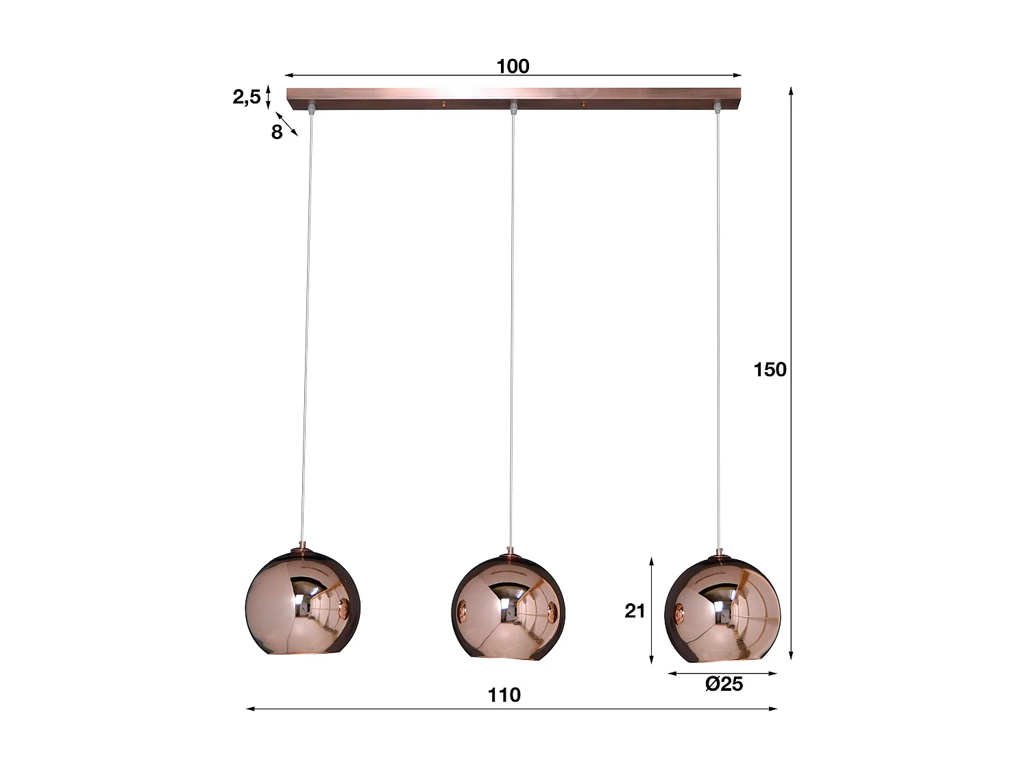 Suspension boule 3 lampes en verre cuivré JAVA