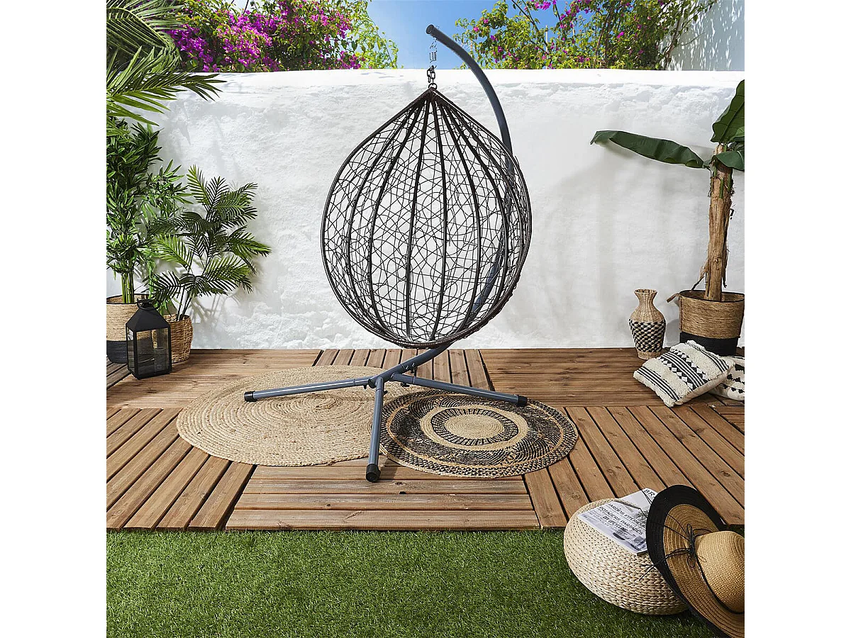 MALOA - Fauteuil Suspendu en Rotin Synthétique avec Pied Métal Noir
