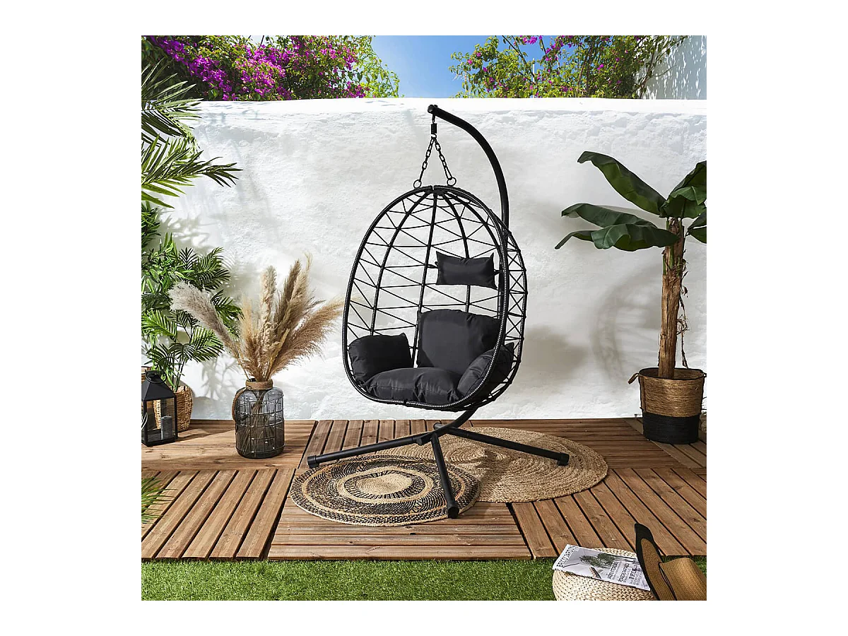MALOA - Fauteuil Suspendu en Rotin Synthétique avec Pied Métal Noir