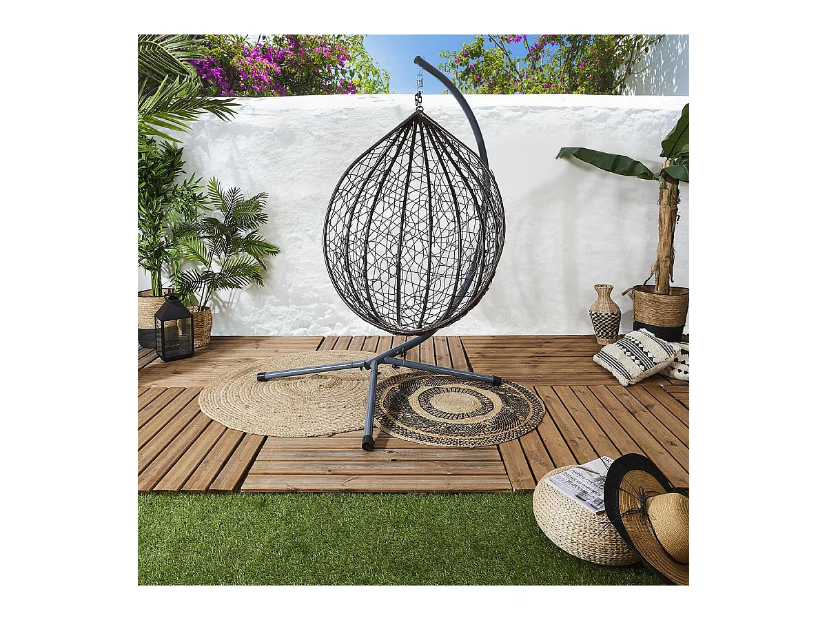 MALOA - Fauteuil Suspendu en Rotin Synthétique avec Pied Métal Noir
