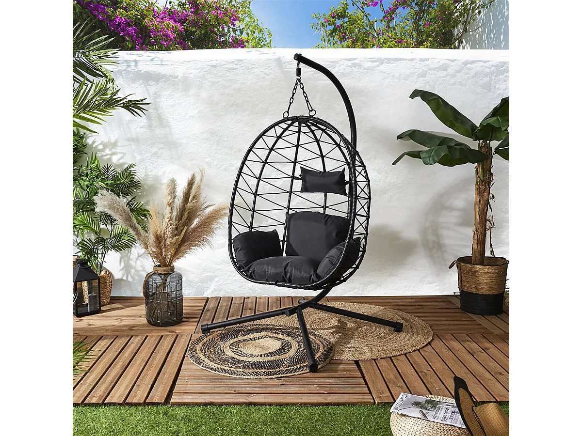 MALOA - Fauteuil Suspendu en Rotin Synthétique avec Pied Métal Noir