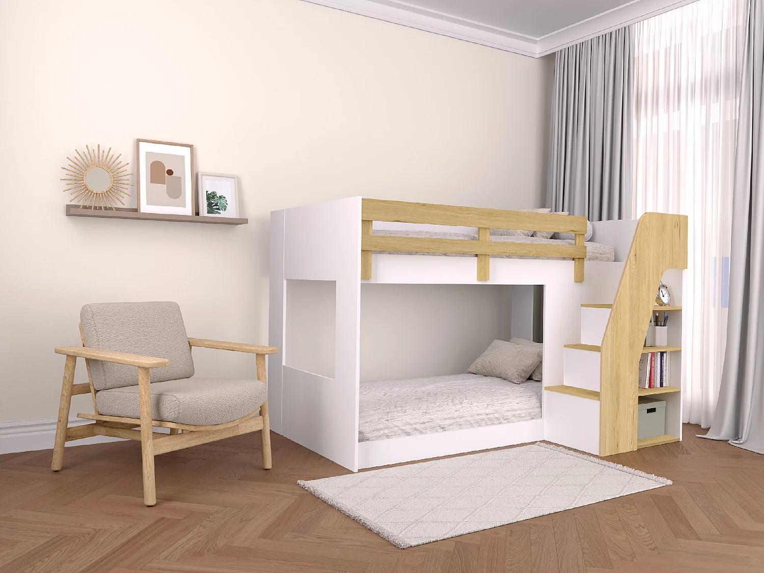 Lit superposé 90 x 190 cm - Avec rangements - Coloris : Blanc et naturel - NAROJAS