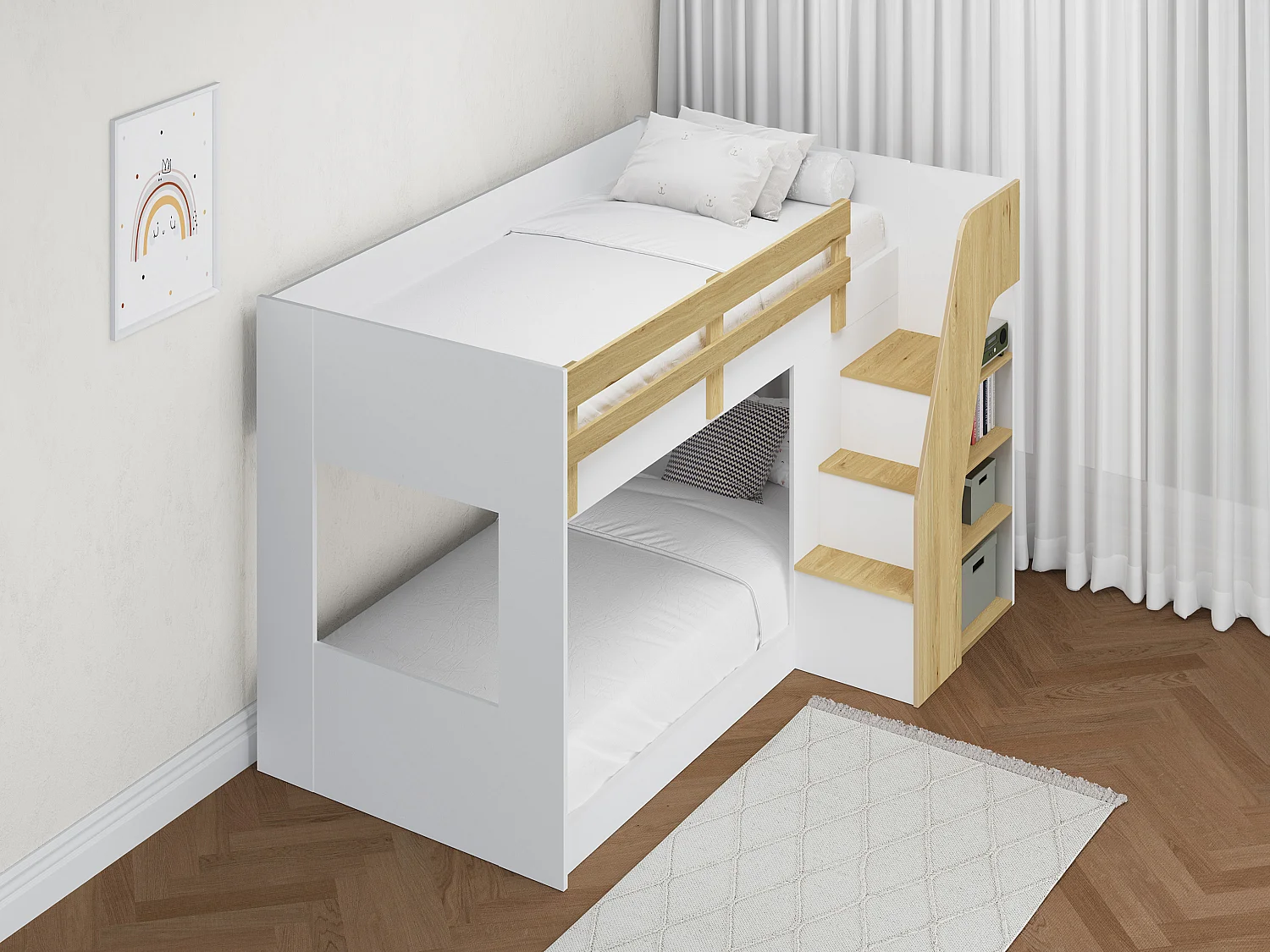 Etagenbett mit Stauraum - 90 x 190 cm - Weiß & Holzfarben - NAROJAS