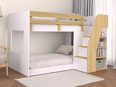 Lit superposé 90 x 190 cm - Avec rangements - Coloris : Blanc et naturel - NAROJAS