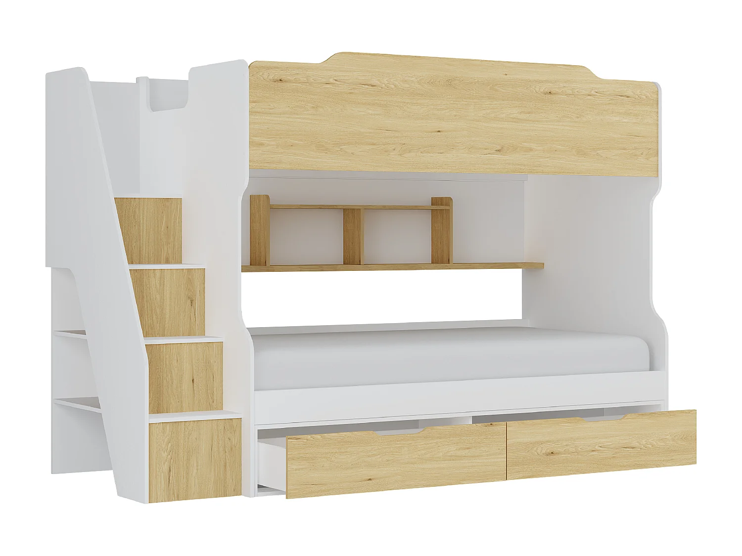 Lit superposé 90 x 190 cm - Avec rangements - Coloris : Blanc et naturel - YALOVA