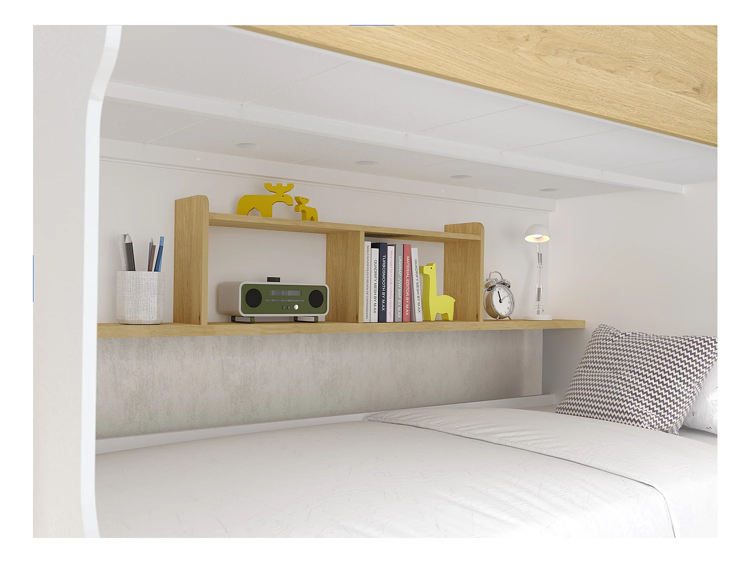 Lit superposé 90 x 190 cm - Avec rangements - Coloris : Blanc et naturel - YALOVA