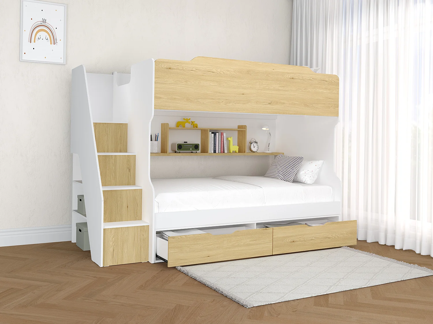 Lit superposé 90 x 190 cm - Avec rangements - Coloris : Blanc et naturel - YALOVA