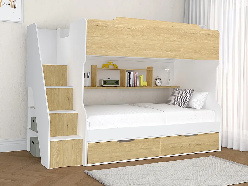 Lit superposé 90 x 190 cm - Avec rangements - Coloris : Blanc et naturel - YALOVA