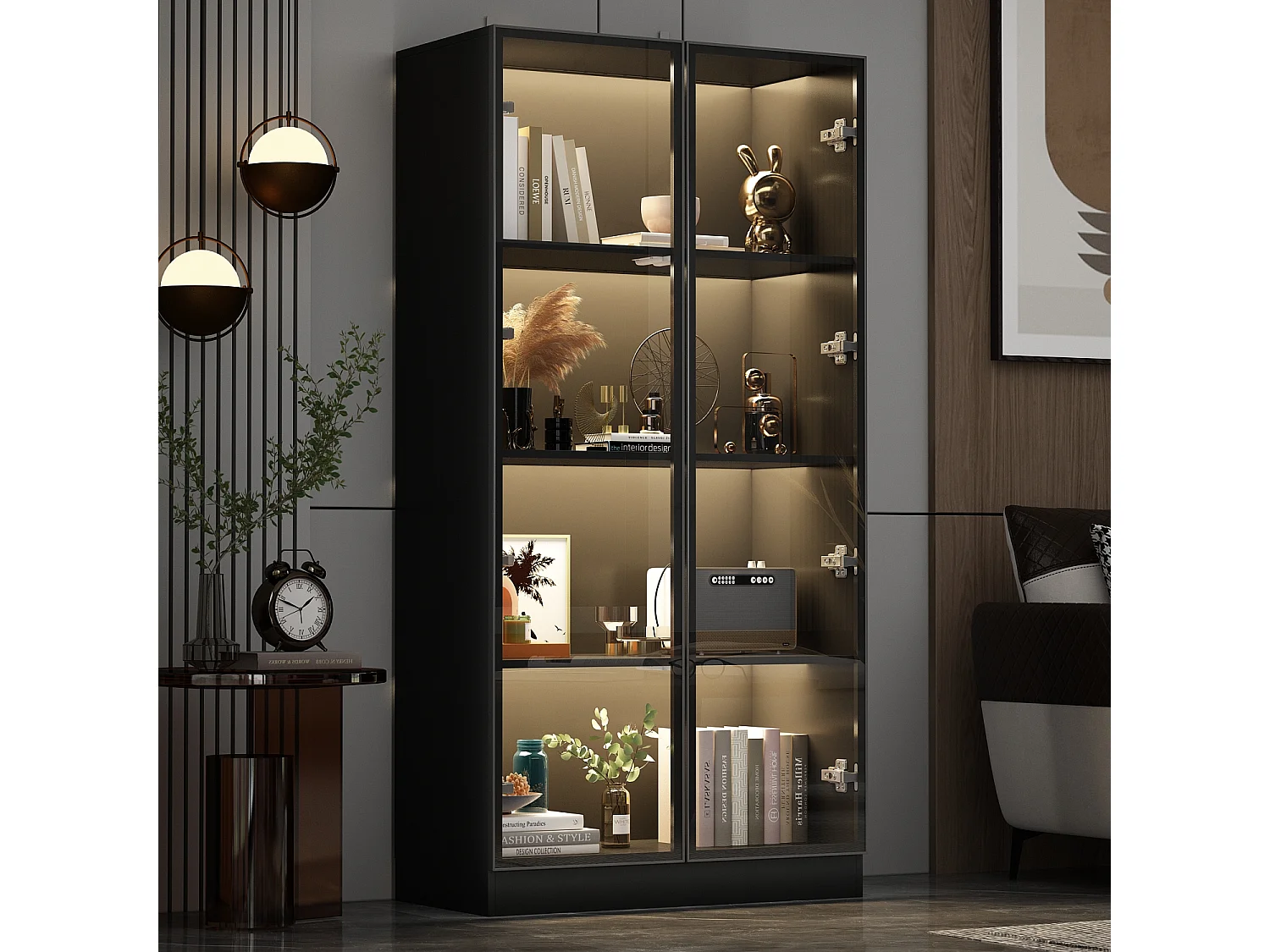 Vitrine avec LED 3 couleurs - 2 portes et à 4 niveaux - push to open, 80x40x160cm, Noir