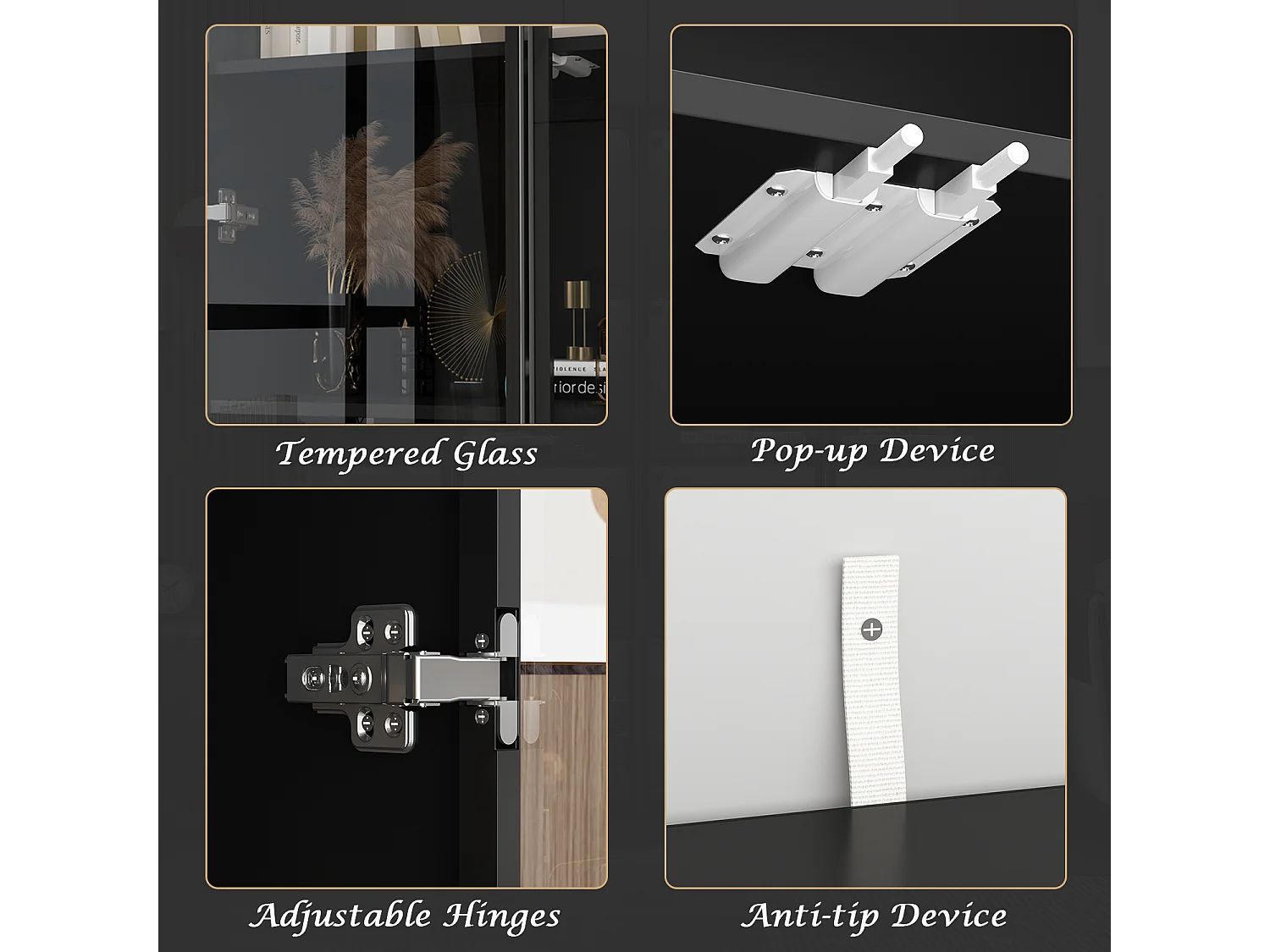 Vitrine avec LED 3 couleurs - 2 portes et à 4 niveaux - push to open, 80x40x160cm, Noir