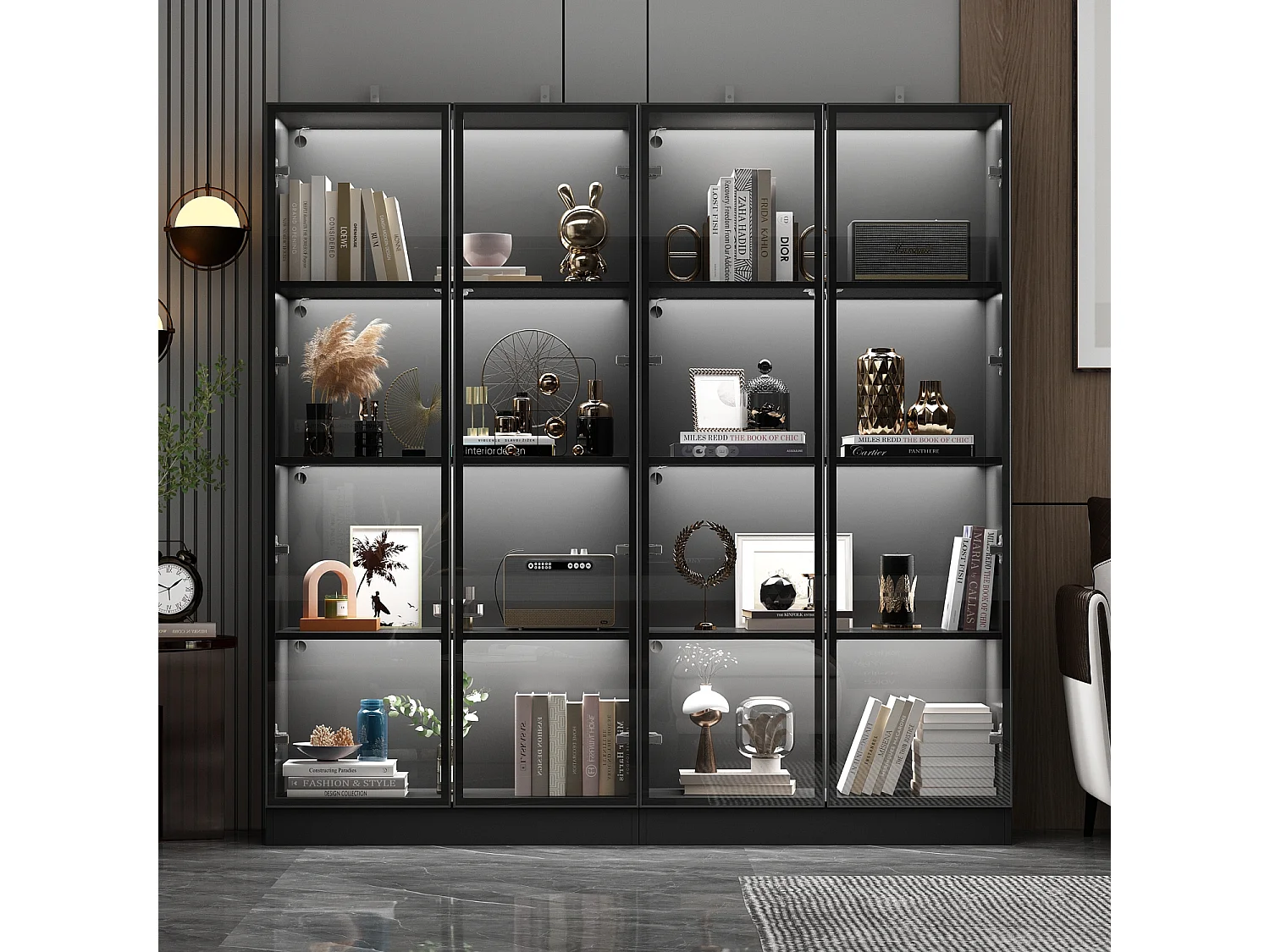 Vitrine avec LED 3 couleurs - 2 portes et à 4 niveaux - push to open, 80x40x160cm, Noir