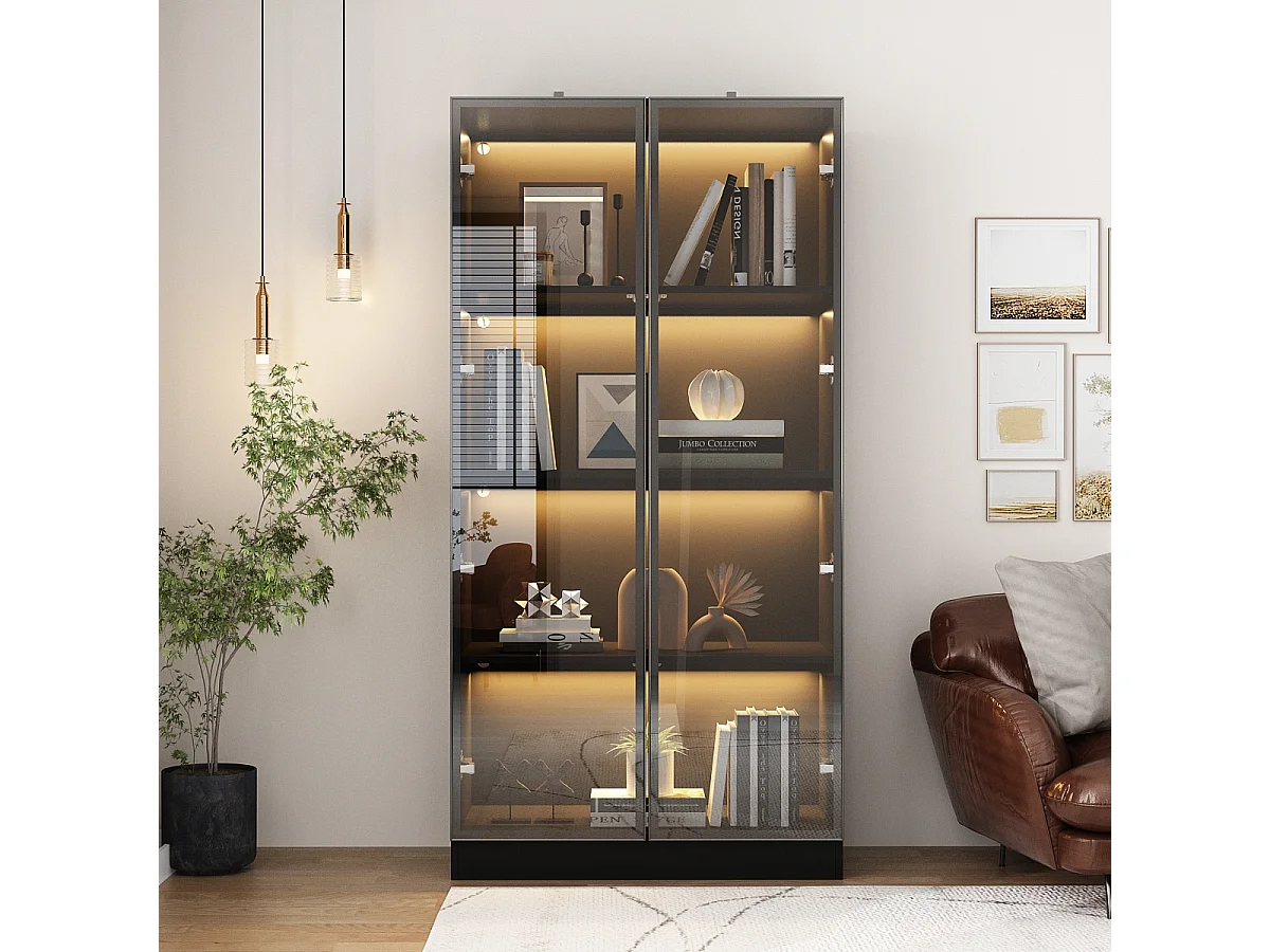 Vitrine avec LED 3 couleurs - 2 portes et à 4 niveaux - push to open, 80x40x160cm, Noir