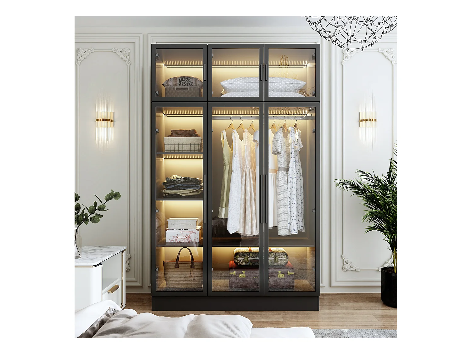 Grande armoire à vêtements en verre vitrine en verre éclairage portes et tiroirs Meuble chambre 120x48x190cm Noir