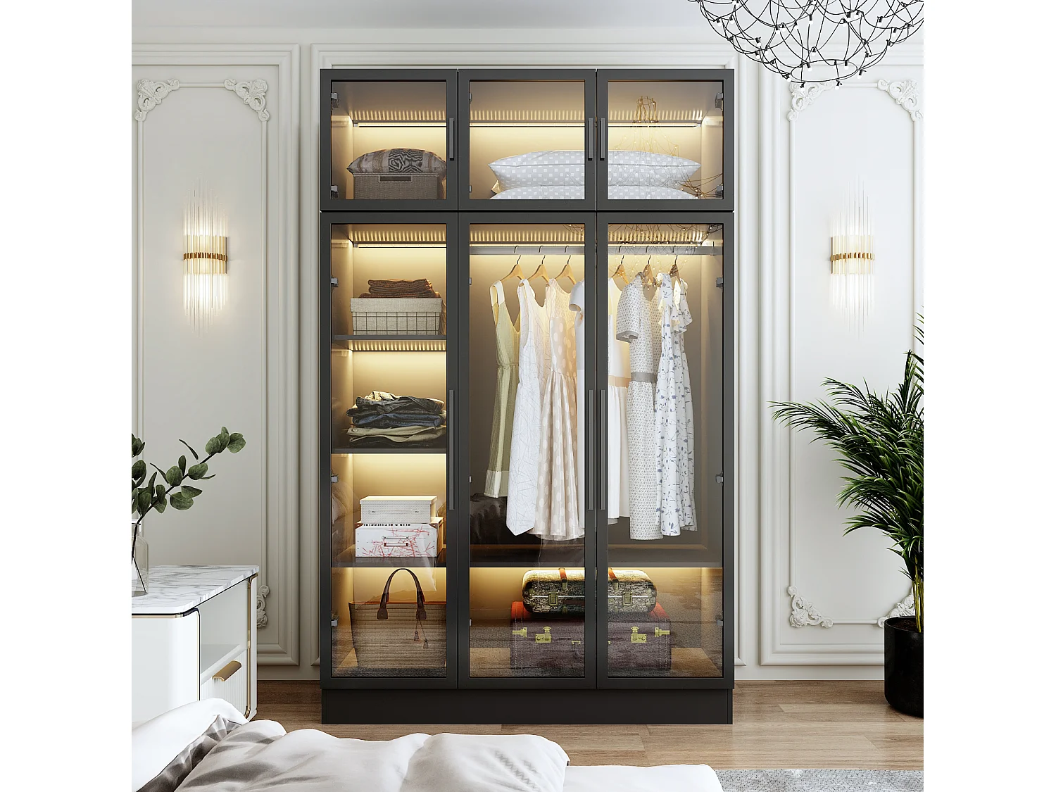 Grande armoire à vêtements en verre vitrine en verre éclairage portes et tiroirs Meuble chambre 120x48x190cm Noir