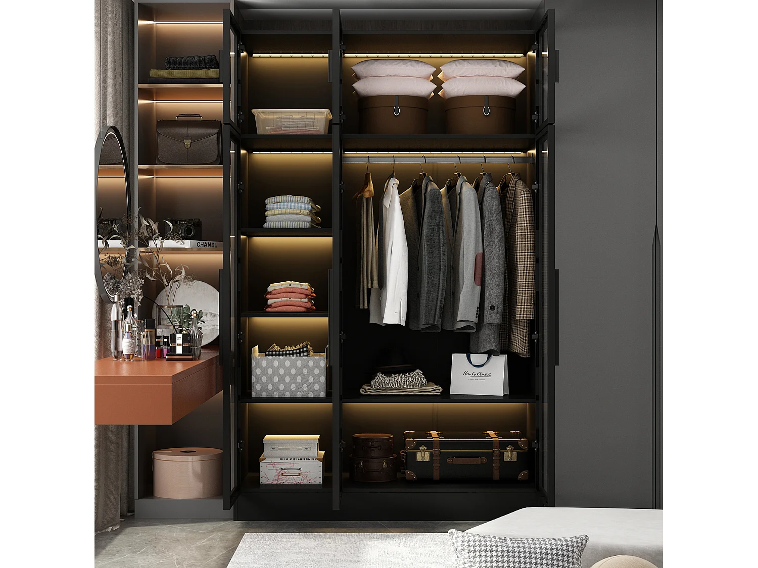 Grande armoire de chambre avec LED - 6 portes en verre - penderie et compartiments, 120x48x190, Noir