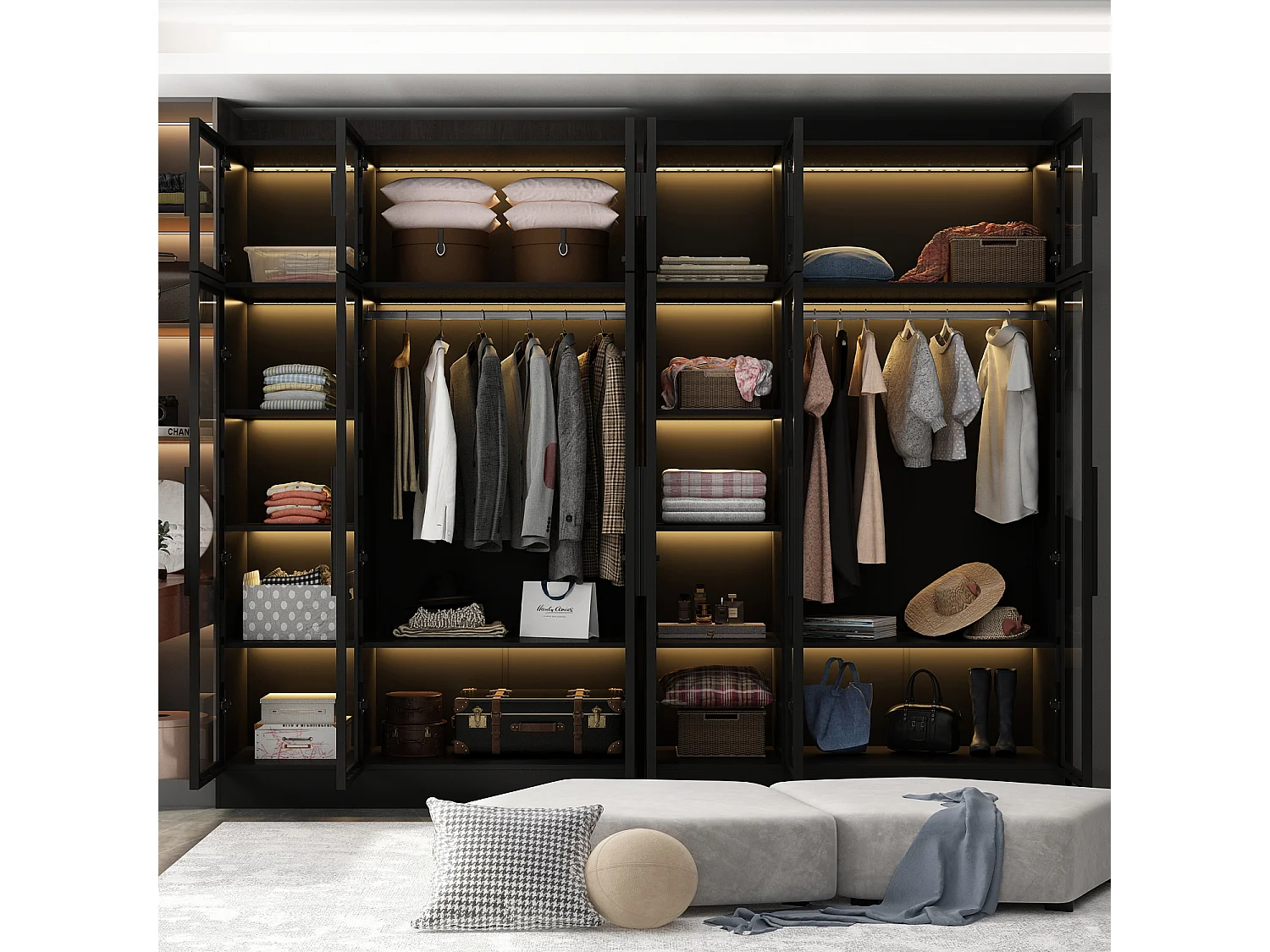 Grande armoire de chambre avec LED - 6 portes en verre - penderie et compartiments, 120x48x190, Noir