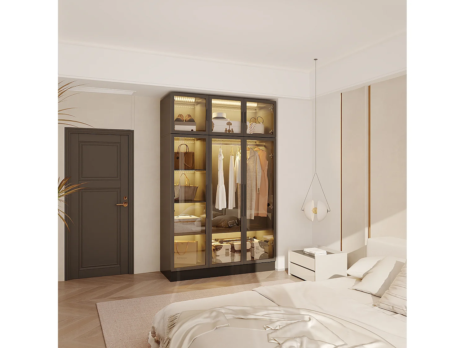 Grande armoire de chambre avec LED - 6 portes en verre - penderie et compartiments, 120x48x190, Noir