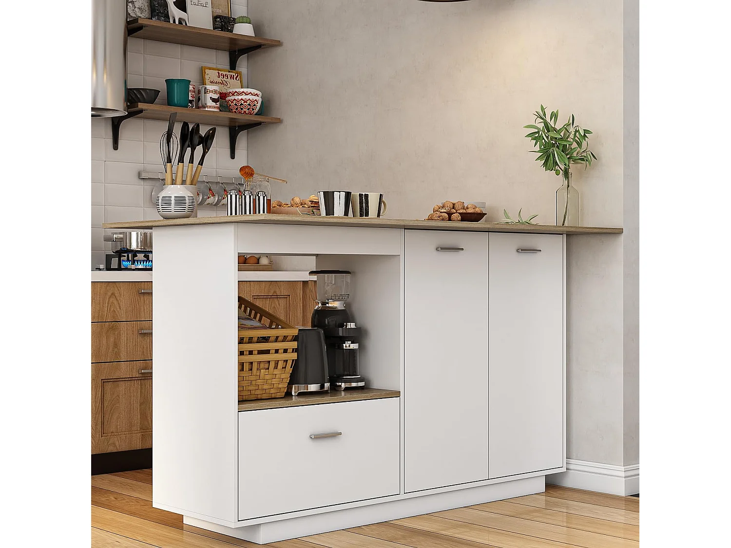 Îlot de cuisine avec tiroirs, Travail de plan,pour la cuisine, salon Bois&Blanc, 150x91x80cm