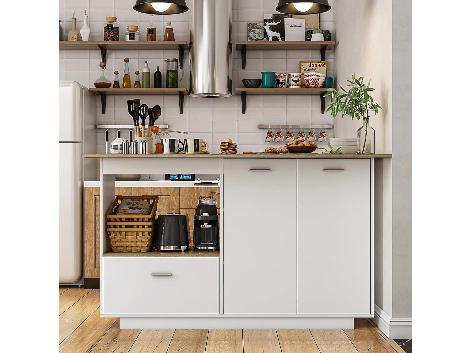 Îlot de cuisine avec tiroirs, Travail de plan,pour la cuisine, salon Bois&Blanc, 150x91x80cm