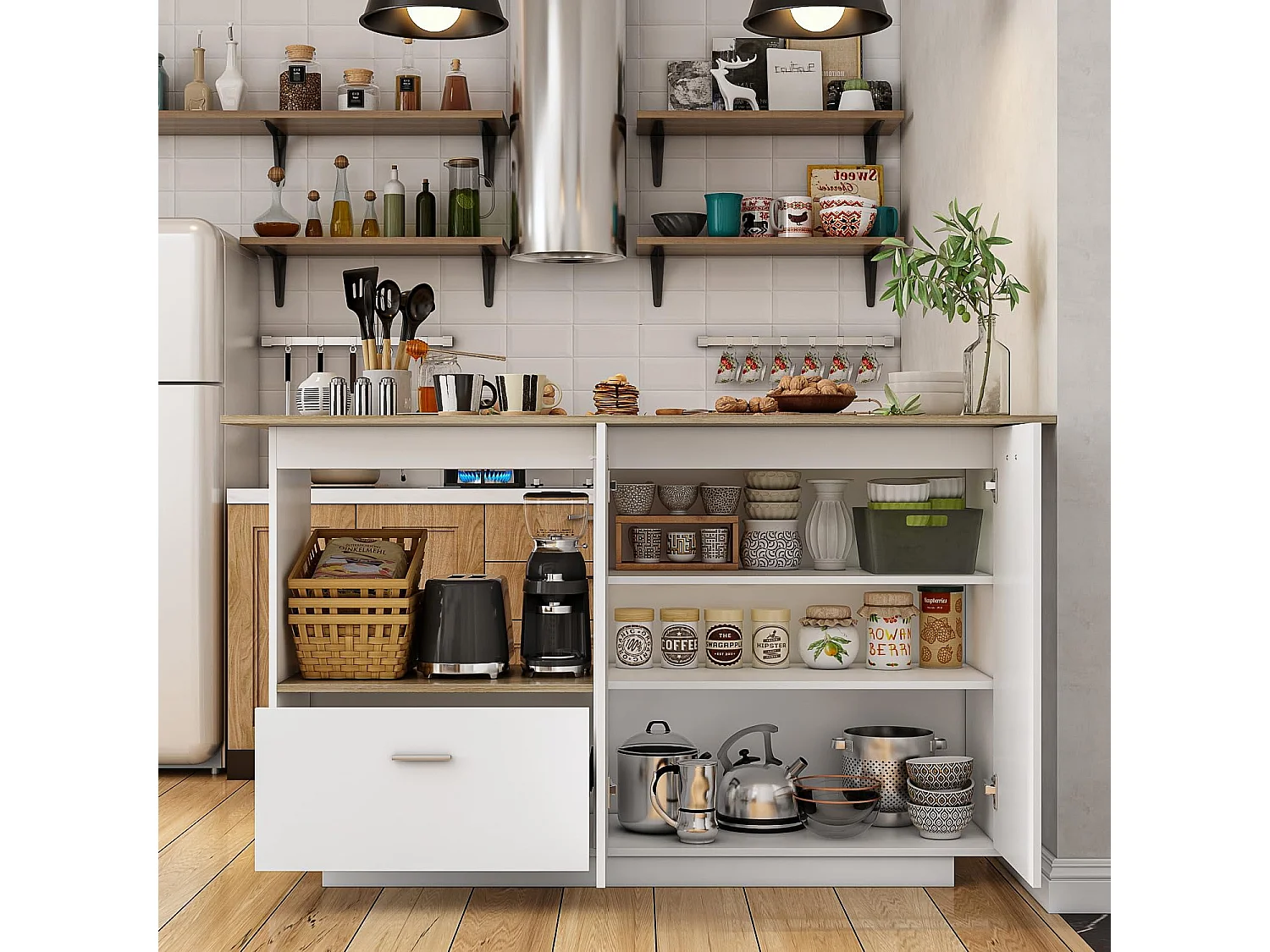 Îlot de cuisine avec tiroirs, Travail de plan,pour la cuisine, salon Bois&Blanc, 150x91x80cm