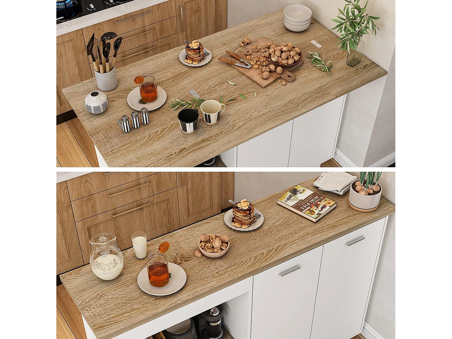 Îlot de cuisine avec tiroirs, Travail de plan,pour la cuisine, salon Bois&Blanc, 150x91x80cm