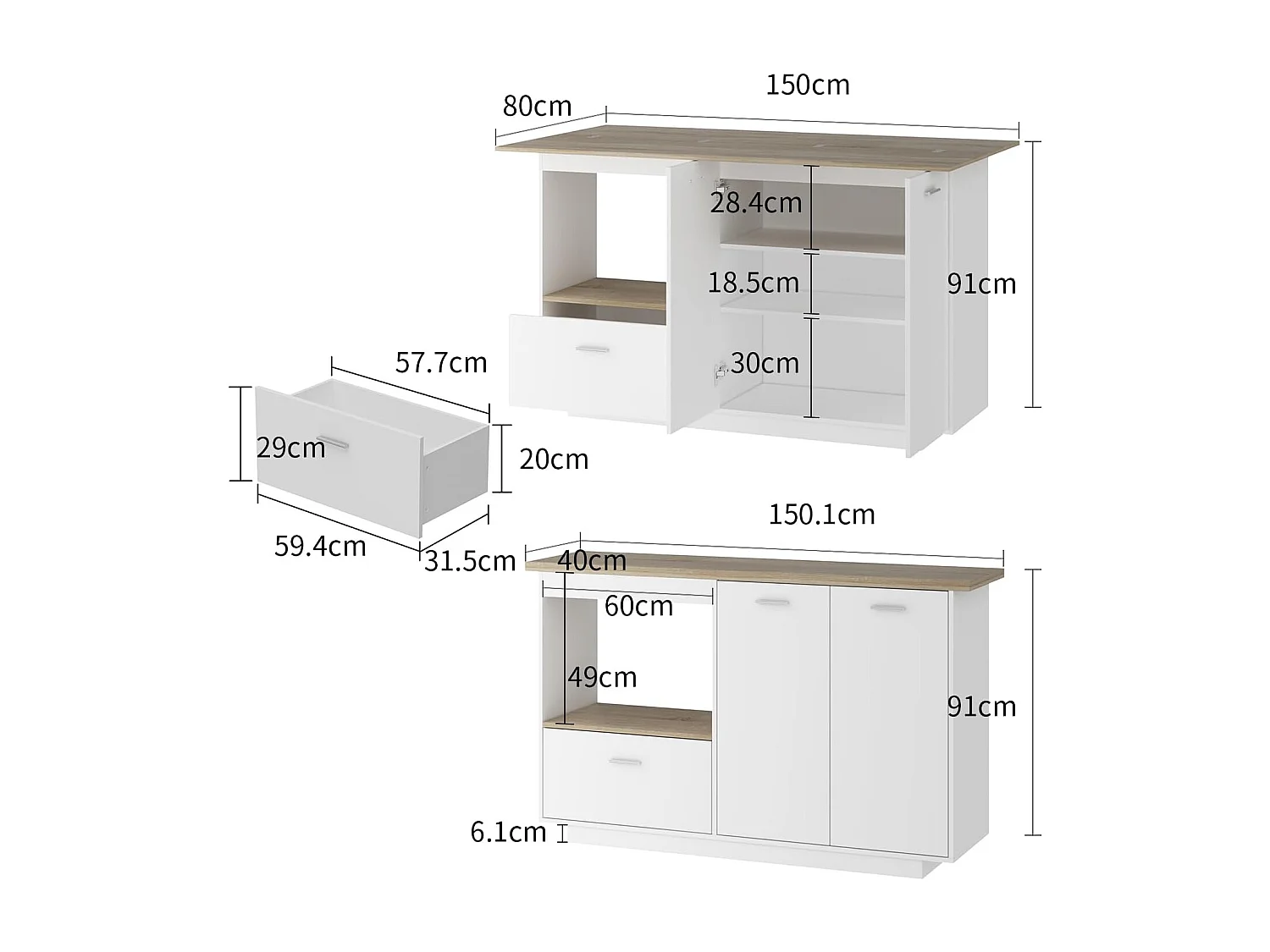 Îlot de cuisine avec tiroirs, Travail de plan,pour la cuisine, salon Bois&Blanc, 150x91x80cm