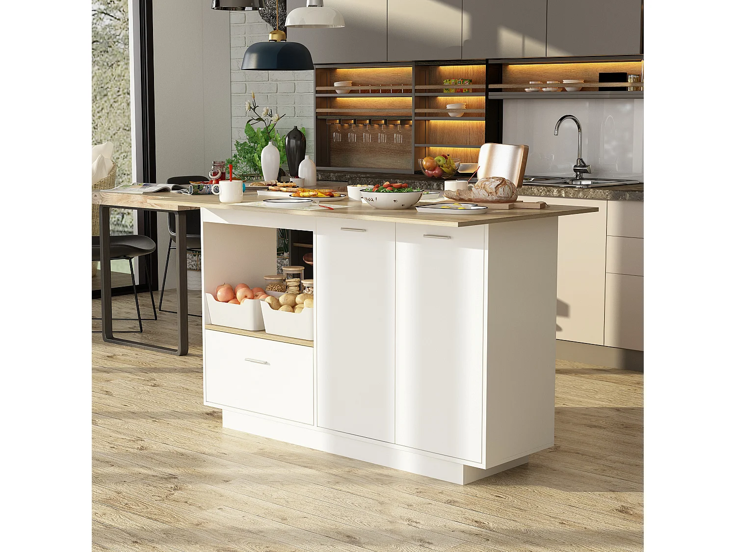 Îlot de cuisine avec tiroirs, Travail de plan,pour la cuisine, salon Bois&Blanc, 150x91x80cm