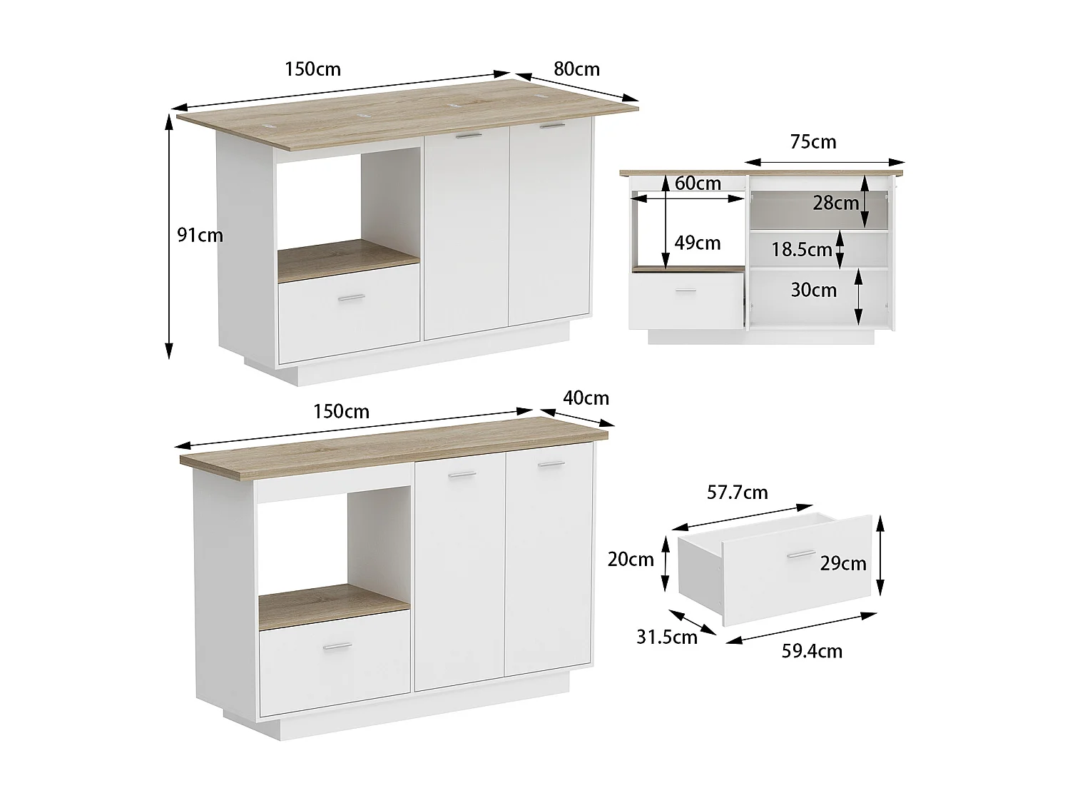 Îlot de cuisine avec tiroirs, Travail de plan,pour la cuisine, salon Bois&Blanc, 150x91x80cm