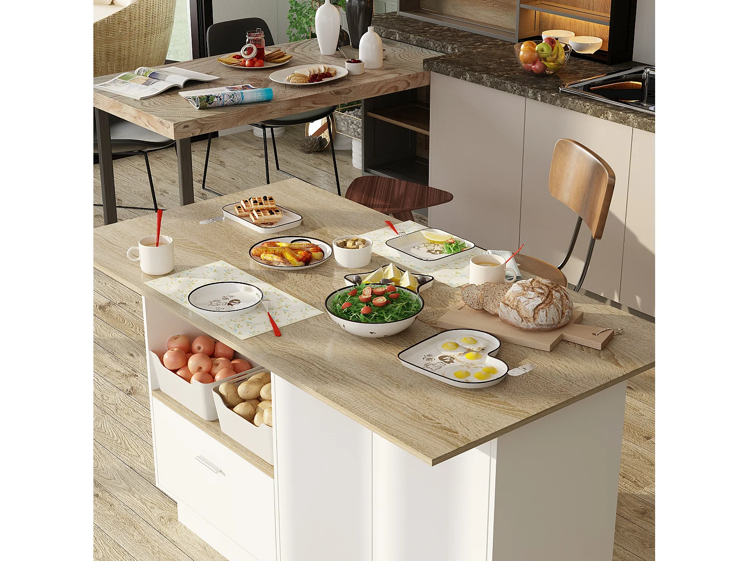 Îlot de cuisine avec tiroirs, Travail de plan,pour la cuisine, salon Bois&Blanc, 150x91x80cm