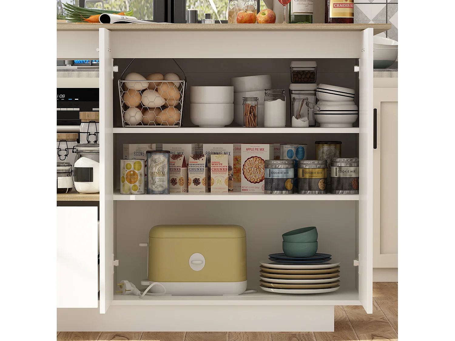 Îlot de cuisine avec tiroirs, Travail de plan,pour la cuisine, salon Bois&Blanc, 150x91x80cm